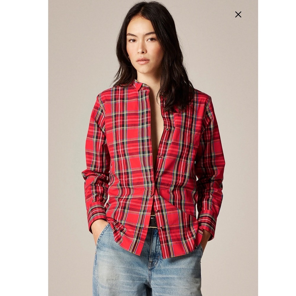 J. Crew Jules Red Tartan Plaid
Tuxedo Shirt Red Cotton Poplin Size 14 Preppy